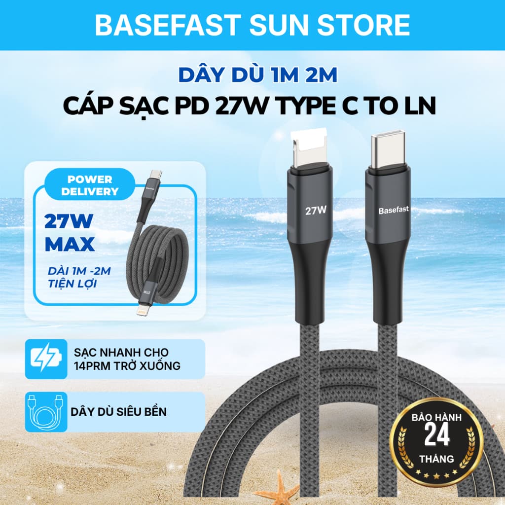 Cáp Sạc Nhanh 27W Basefast Cho Xr/Xs Max/11/12/13/14 Series (Type C-LN) Bọc Dù Dài 1/2M