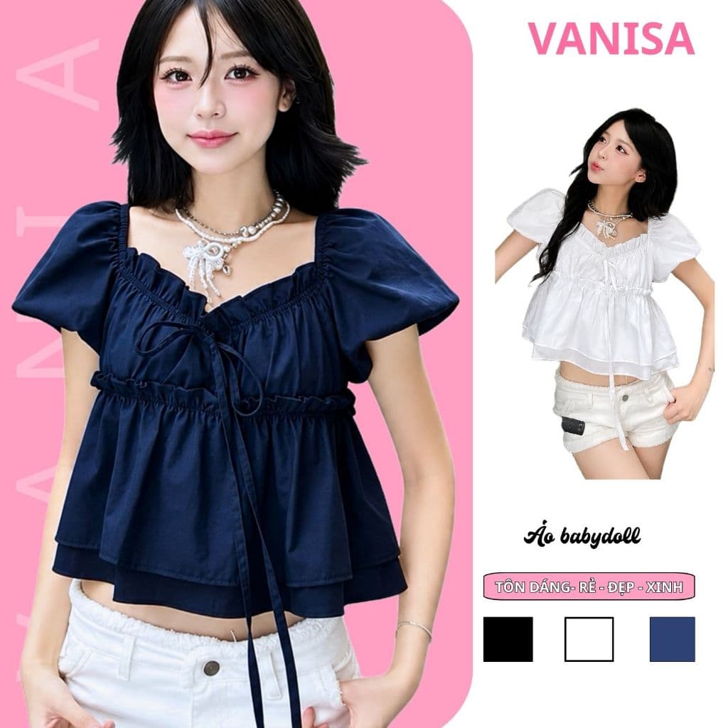 Áo babydoll kiểu nữ trễ vai tay phồng tiểu thư croptop trắng đen vải voan dễ thương VANISA CT431