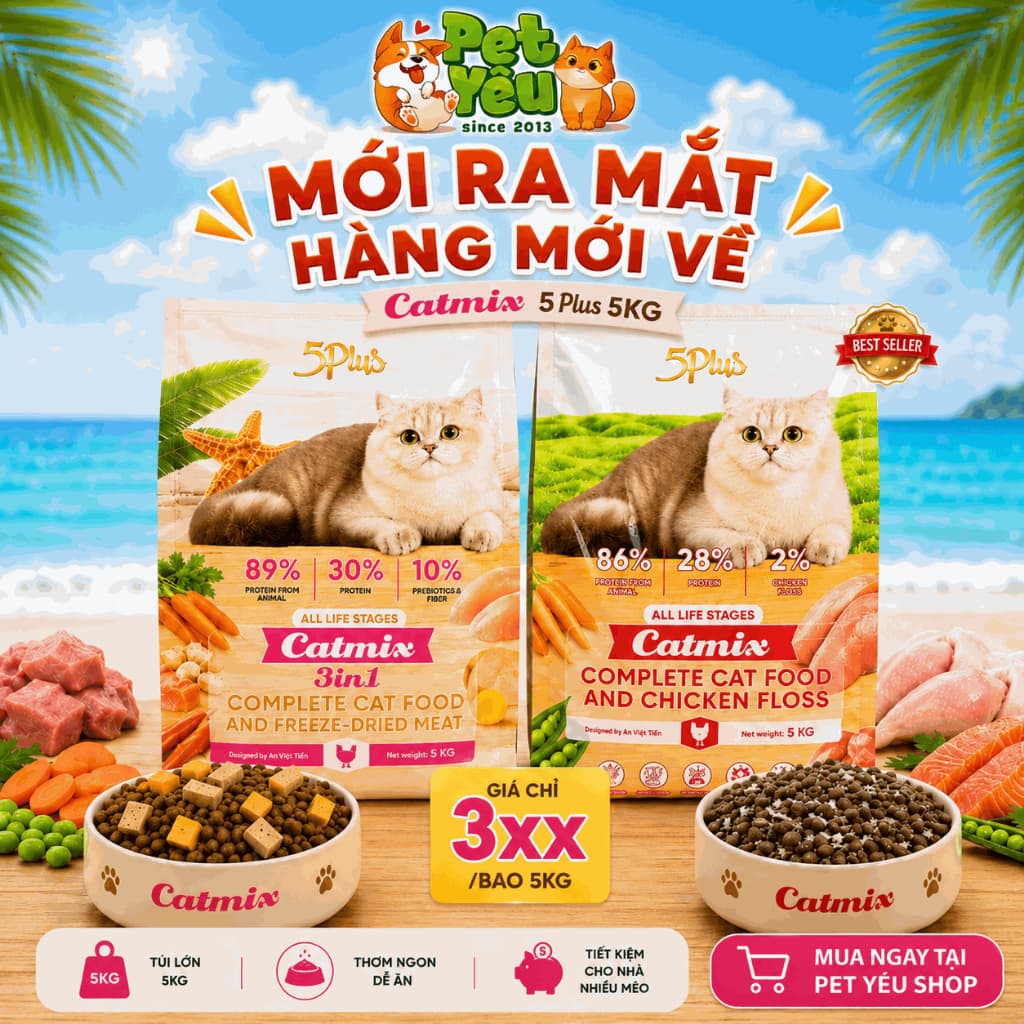 Hạt 5Plus Catmix Cho Mèo Mix Topping Ruốc Gà 5kg - 28% Protein, Phù Hợp Mọi Lứa Tuổi