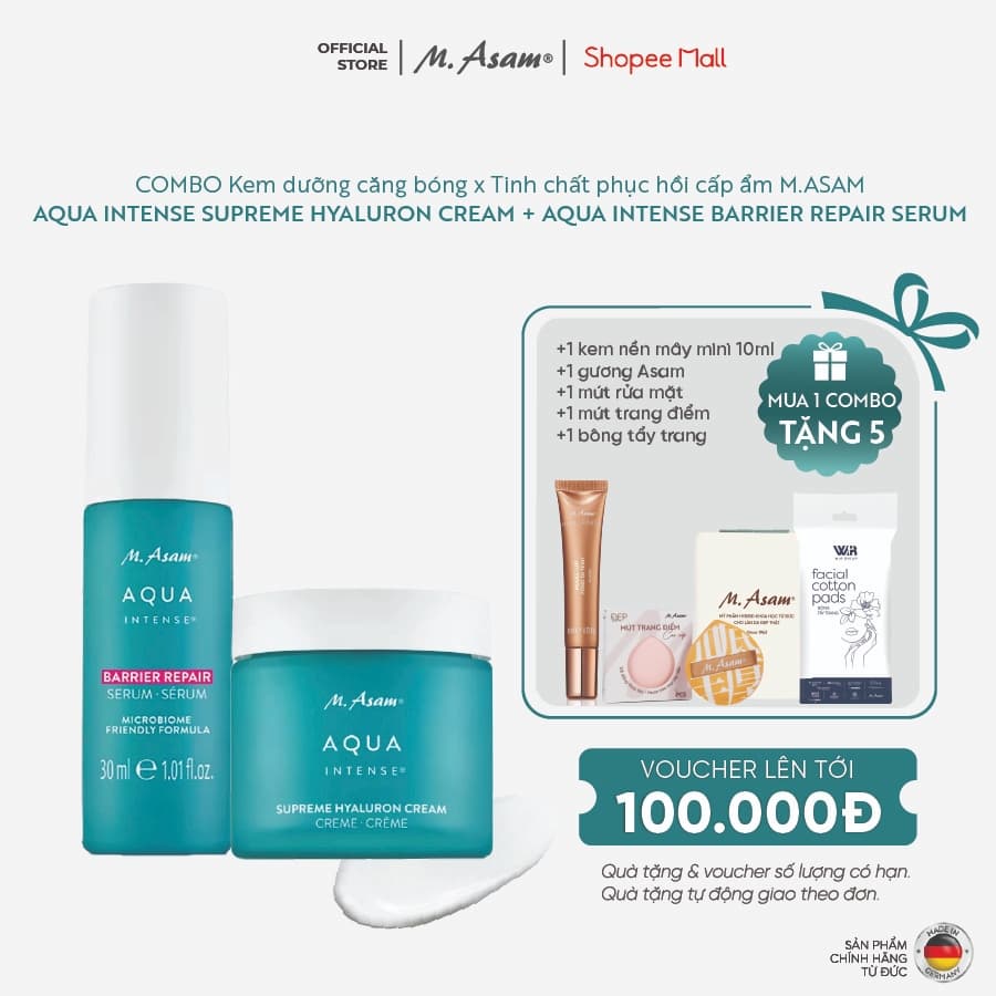 COMBO Kem dưỡng căng bóng, trẻ hóa và Kem nền mây M.ASAM AQUA INTENSE SUPREME HYALURON CREAM + MAGIC FINISH MOUSSE