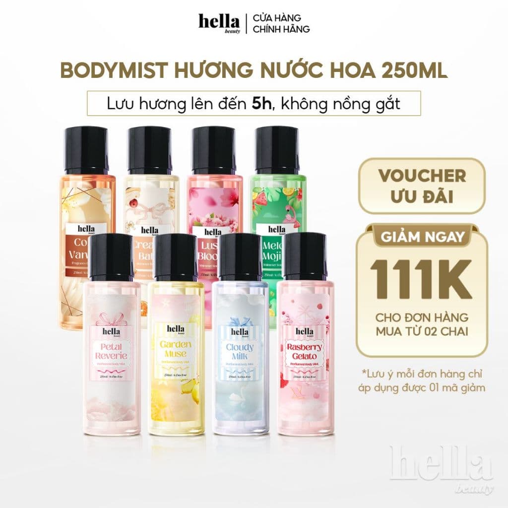 (MUA 2 GIẢM THÊM 111K) Xịt thơm body mist hương nước hoa Hella Beauty 250ml lưu hương lâu, an toàn cho da nhạy cảm