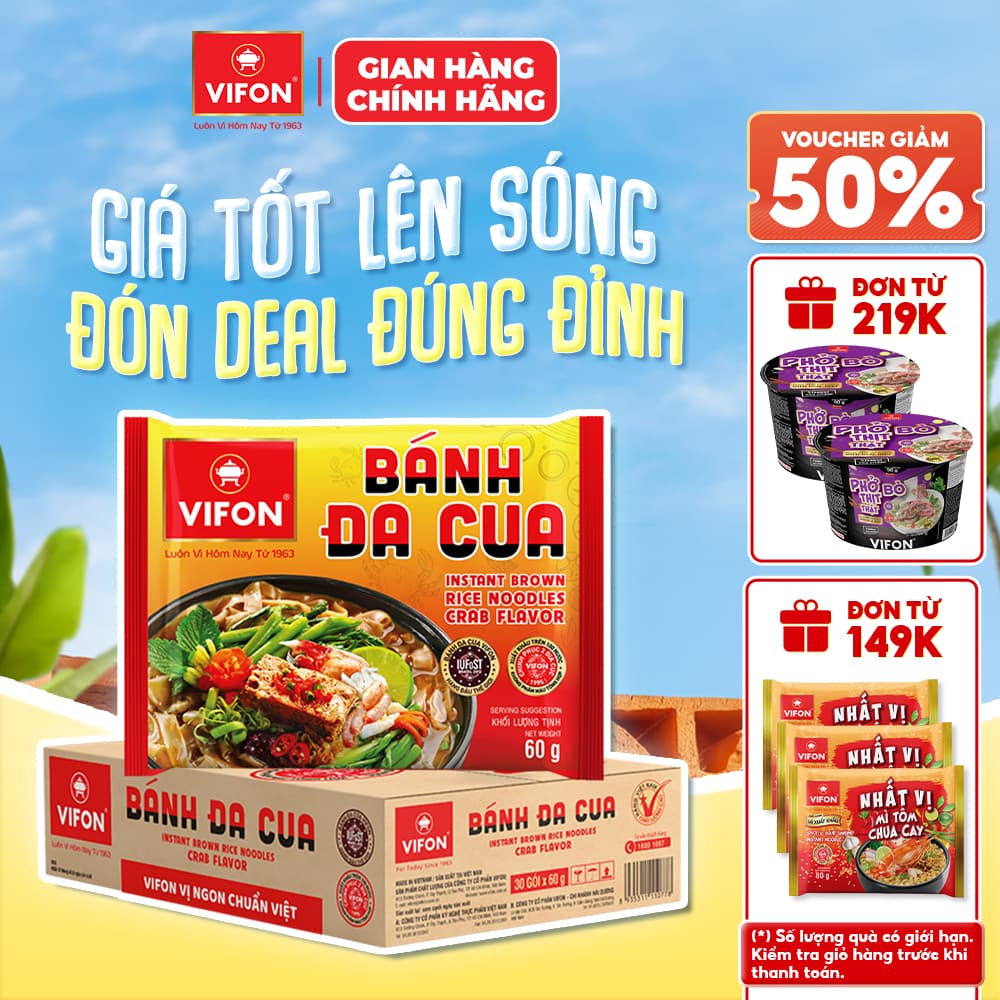 [VOUCHER HOT 10%]Thùng 30 Gói Bánh Đa Cua VIFON 60g Vị Cua Đồng Sợi Dai Đạt Giải Quốc Tế