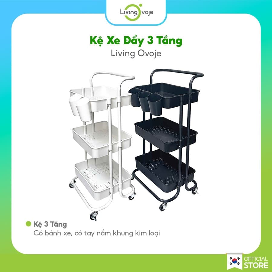 Kệ Xe Đẩy 3 Tầng Có Bánh Xe LivingOvoje, Xe Đẩy Spa, Kệ Bỉm Sữa Có Tay Nắm, Khung Kim Loại Chắc Chắn