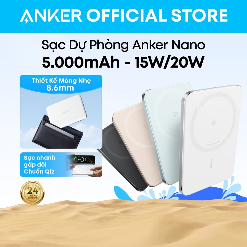 Sạc dự phòng Anker Nano A1665 5000mAh chuẩn Qi2, sạc nhanh 15W, tương thích iPhone 17/16/Samsung