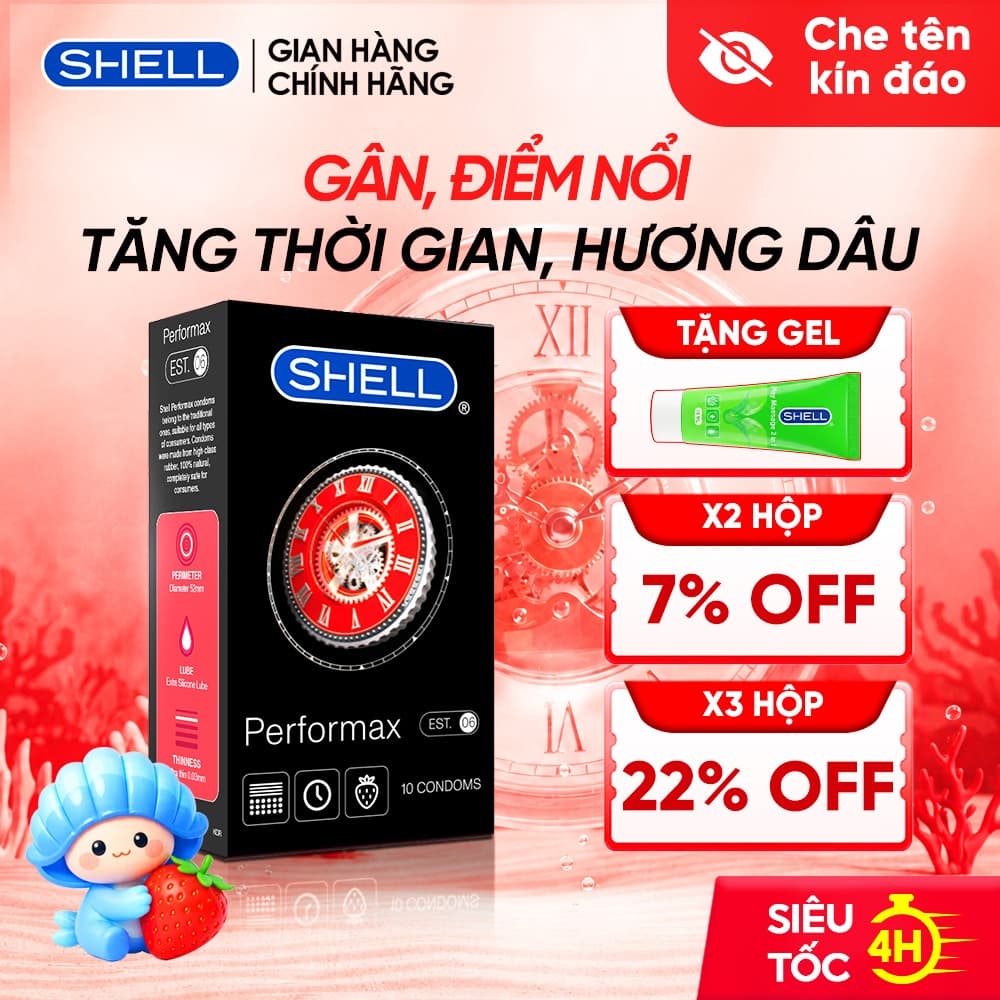 Bao Cao Su Shell Performax 6 In 1 Gân Điểm Nổi, Kéo Dài Thời Gian, Hương Dâu - Hộp 10 Cái