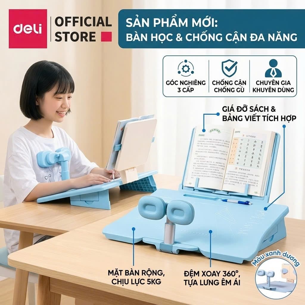 Bàn Học Thông Minh Deli Chống Gù Cận - Nghiêng 3 Chế Độ 9/12/15°, Tích Hợp Giá Đọc Sách & Bảng Viết