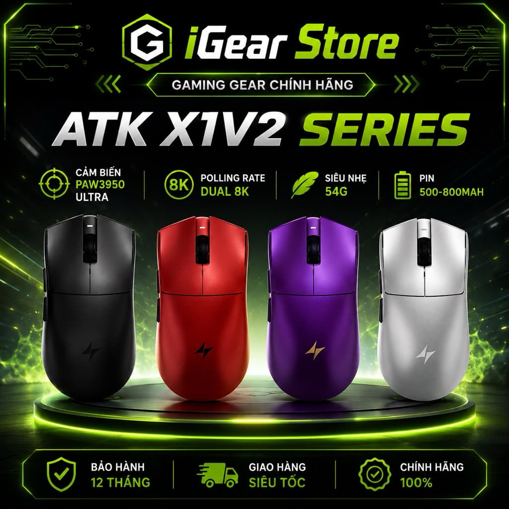 [NEW BH12T] Chuột Gaming Không Dây ATK X1 V2 Series, Nordic 54H20, PAW 3950 Ultra, 800mAh, 54g, Dongle GEM 8K