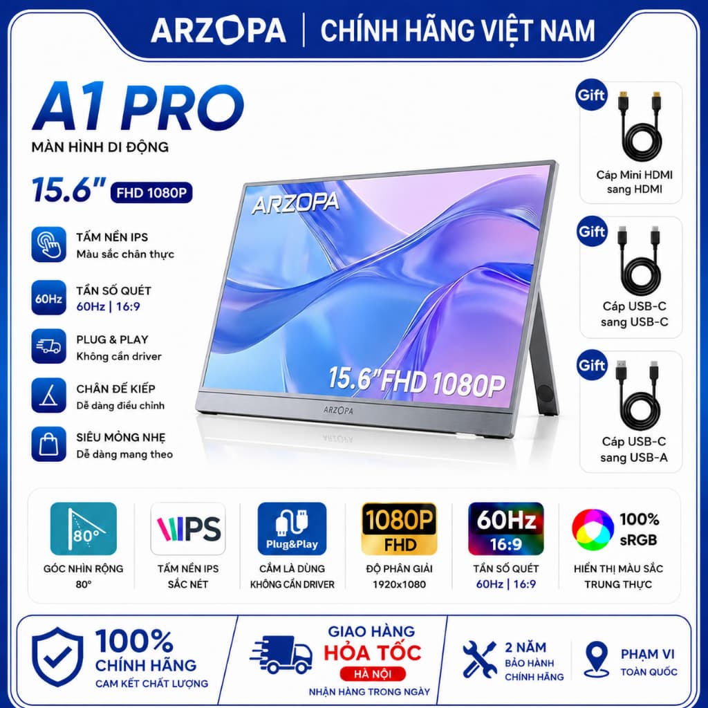 Màn Hình Di Động ARZOPA  A vỏ nhôm | IPS FHD | 100%sRGB | HDR | Loa Kép | USB-C HDMI | Chính Hãng