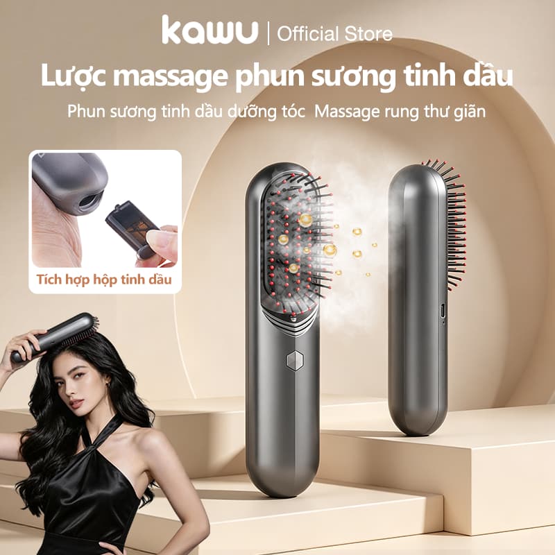 kawu Lược Điện không dây Ion Âm có massage Chăm Sóc Tóc Mượt Mà Nhỏ Gọn Dễ Mang Theo kèm tinh dầu