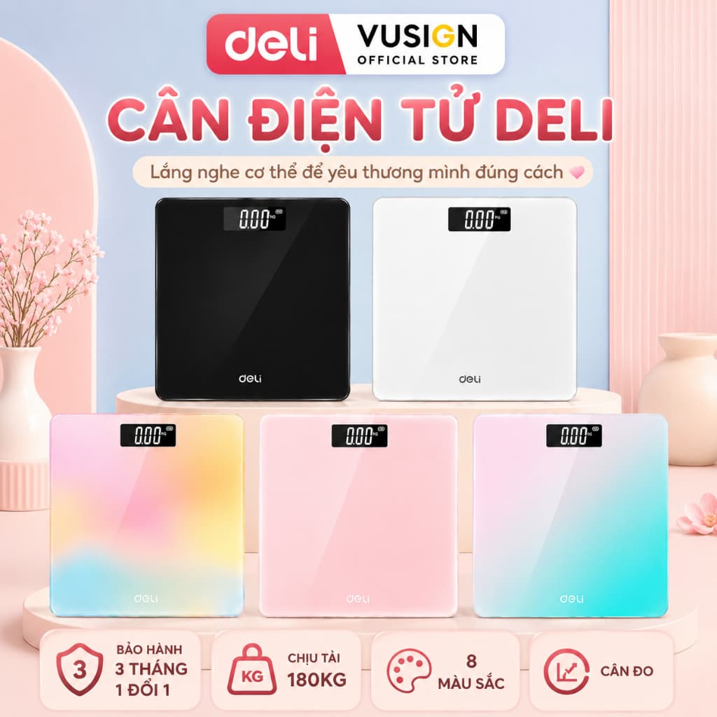 Cân Điện Tử Sức Khỏe DELI Chịu Tải 180KG, Màn Hình Số LCD Cân Chính Xác, Thiết Kế Đẹp, Nhỏ Gọn