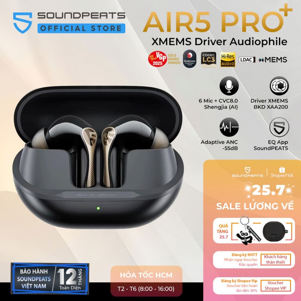 Tai nghe True Wireless SoundPEATS Air5 Pro+ Adaptive ANC 55dB | Loa Kép xMEMS | Bộ Đôi Hires LDAC APTX | Bluetooth 5.4