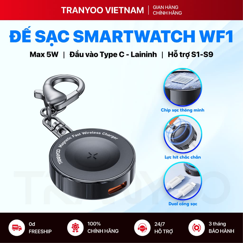 Sạc Đồng Hồ Thông Minh TRANYOO WF1 5W Cổng Type C, L Phù Hợp Với Mọi Dòng Đồng Hồ S2-S9