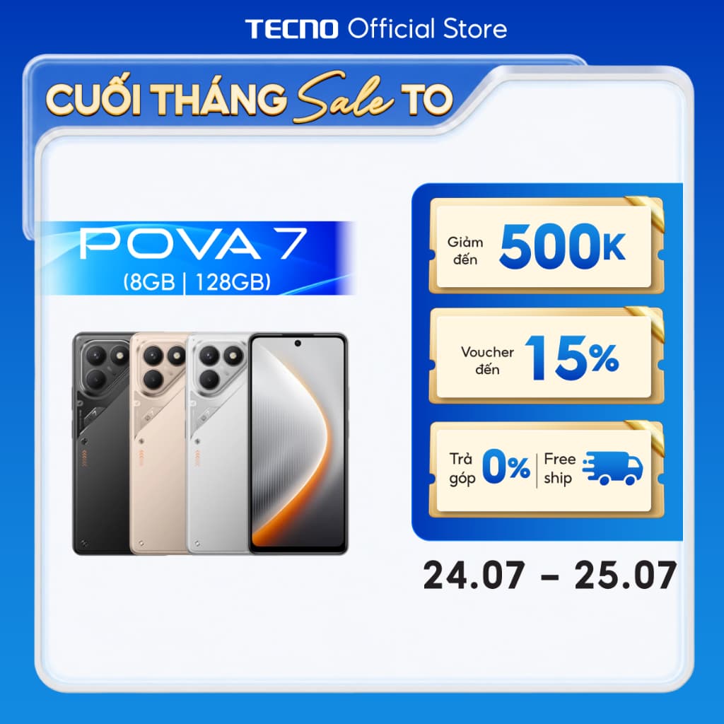 Điện thoại Tecno Pova 7 8/128GB | Siêu Pin 7000mAh | Sạc Nhanh 45W | Màn Hình 6.78" FHD+ 120Hz | Chính hãng
