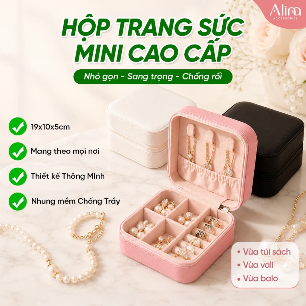 Hộp đựng trang sức mini du lịch 10x10cm nhiều ngăn chống rối đựng nhẫn dây chuyền bông tai