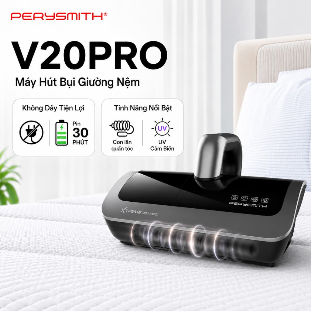 Máy Hút Bụi Giường Nệm PerySmith V20Pro, Không Dây, Gọn Nhẹ, Diệt Khuẩn, Hút Bụi Mịn, Có Đèn UV