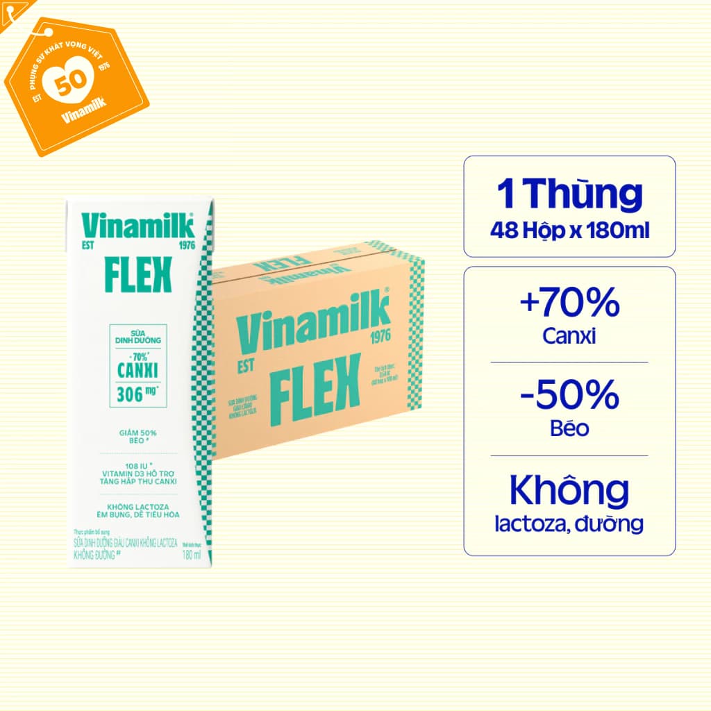 Thùng 48 Hộp Sữa Dinh Dưỡng Flex Giàu Canxi Không Lactoza 180ml[ Có thể nhận bao bì cũ/mới]