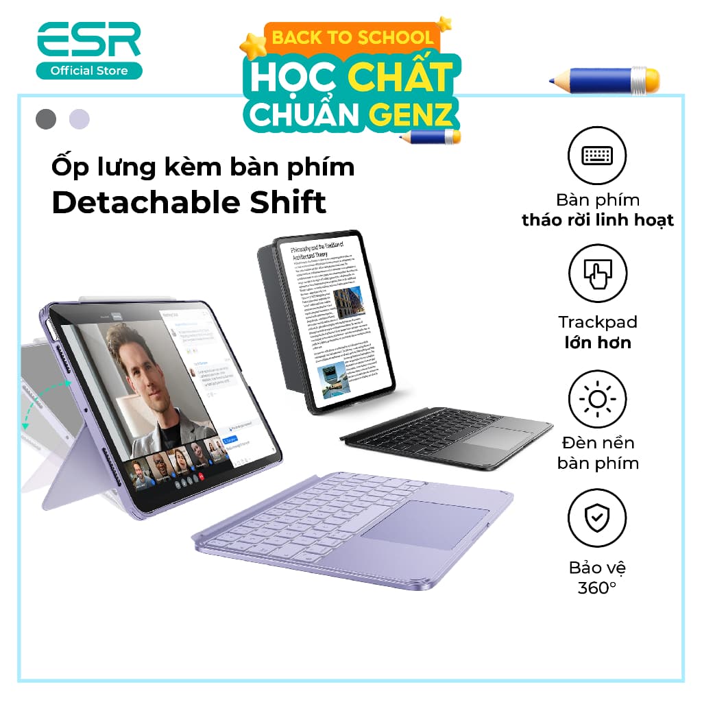 Ốp lưng kèm bàn phím ESR Detachable Shift dành cho iPad Air 4/5/6/7/8, Gen 11/A16/10, Pro M4/M5 tháo rời linh hoạt