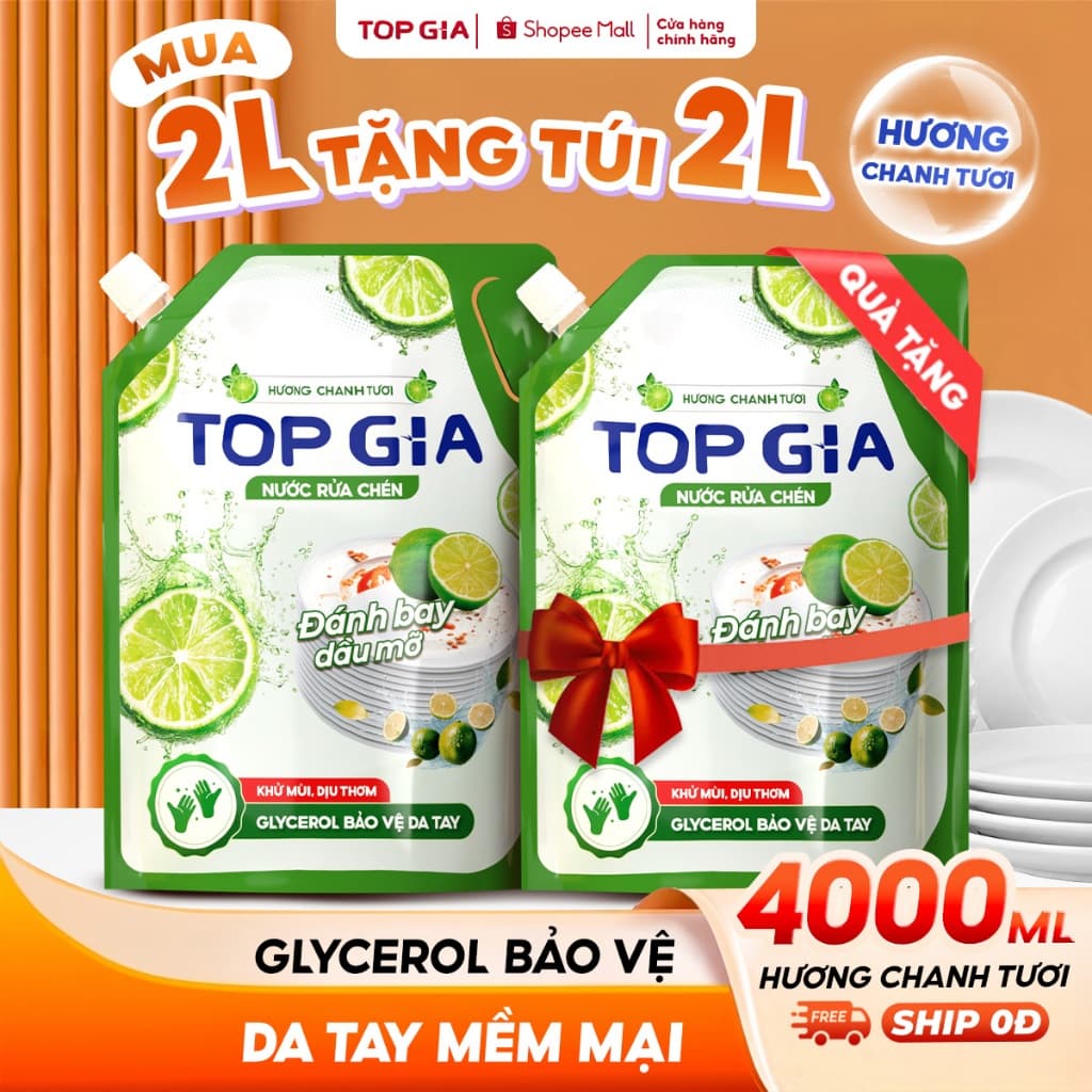 [MUA 2L TẶNG 2L] Nước Rửa Chén Bát TopGia Hương Chanh Tự Nhiên Túi 2L, Tẩy Sạch Dầu Mỡ Cứng Đầu