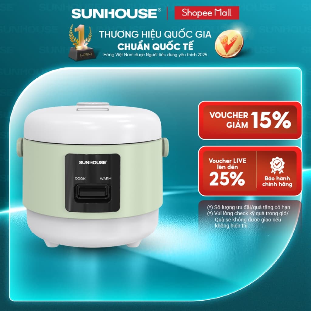 Nồi cơm điện 0.8L Sunhouse SHD8200 - Giữ ấm tới 8 tiếng - Chống dính 2 lớp Flead an toàn