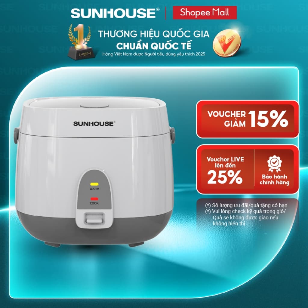 Nồi cơm điện 1.8L Sunhouse SHD8611- Lòng nồi: 1mm, chống dính 2 lớp vân đá, 4-6 người dùng - Sản xuất tại Việt Nam