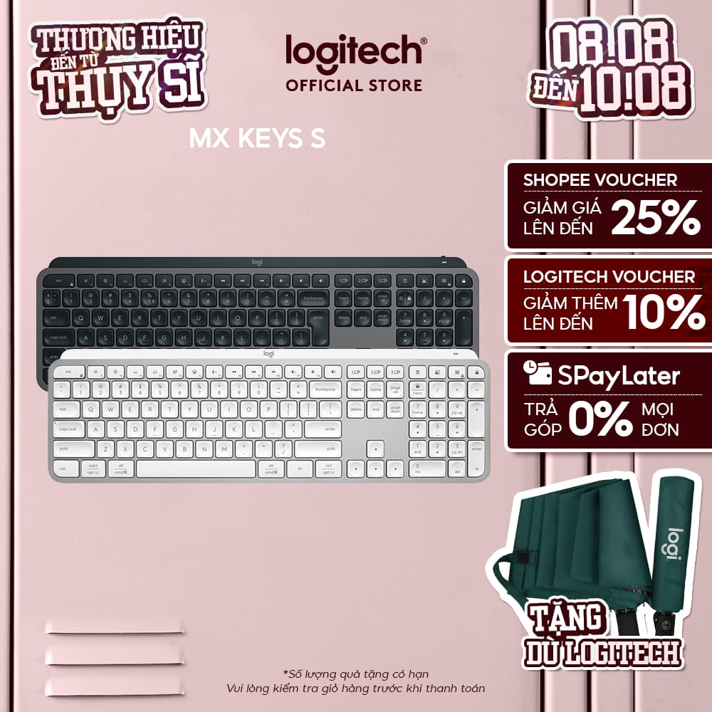 Bàn phím không dây Logitech MX Keys S - Low Profile yên tĩnh, Đèn nền, Bluetooth, Sạc USB-C