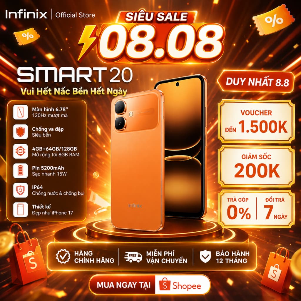 Điện thoại Infinix SMART 20 (4+4GB/128GB) | Màn hình 120Hz | Helio G81 Ultimate | Pin 5200mAh | BH 12T