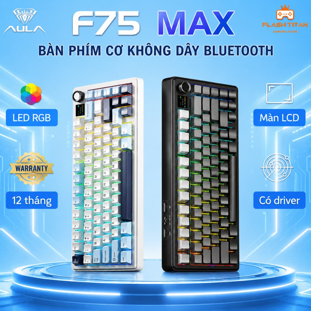 Bàn phím cơ AULA F75 MAX kết nối không dây bluetooth,Tích Hợp Màn LCD, Núm xoay, Dùng cho PC,laptop chơi game, văn phòng