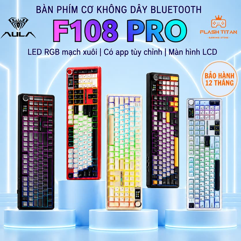 Bàn phím cơ AULA F108 PRO fullsize Kết Nối Không Dây Bluetooth Dùng Cho PC, Laptop Chơi Game Văn Phòng - Có màn hình LCD