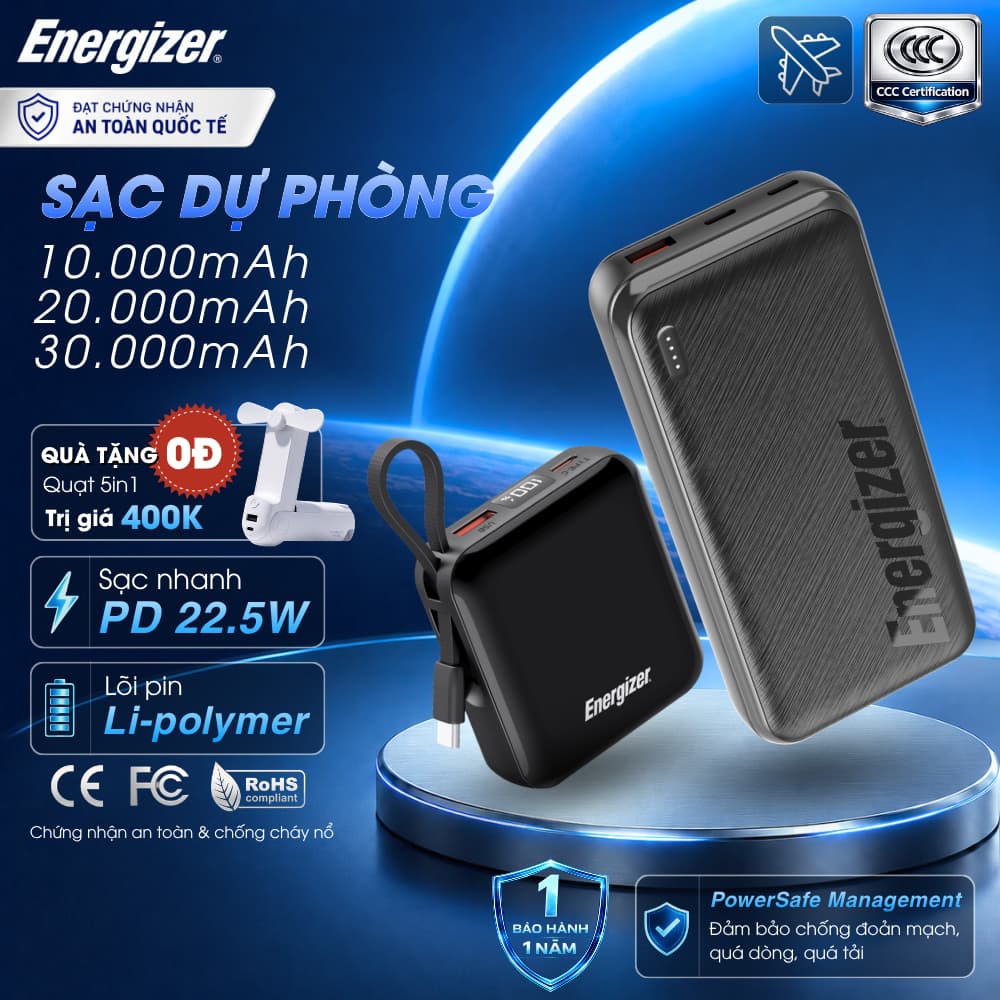 Pin Sạc Dự Phòng Energizer Li-polymer 10000mAh/ 20000mAh/ 30000mAh Sạc Nhanh PD Cho iPhone/ Samsung, BH Chính Hãng 1 Năm