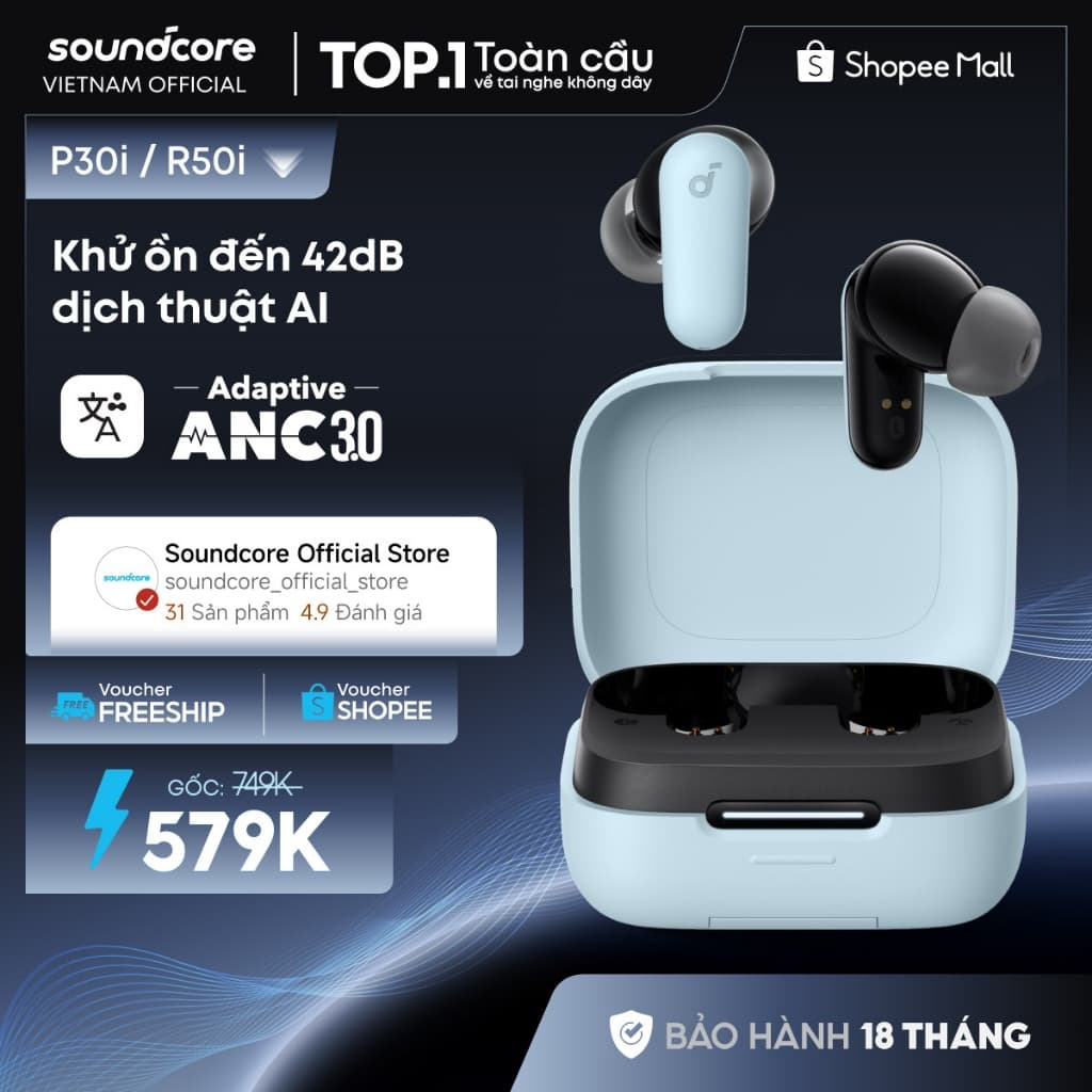 Tai nghe bluetooth soundcore R50i NC | Chống ồn ANC | Chống nước và bụi IP54 |40 giờ|Tích hợp phiên dịch