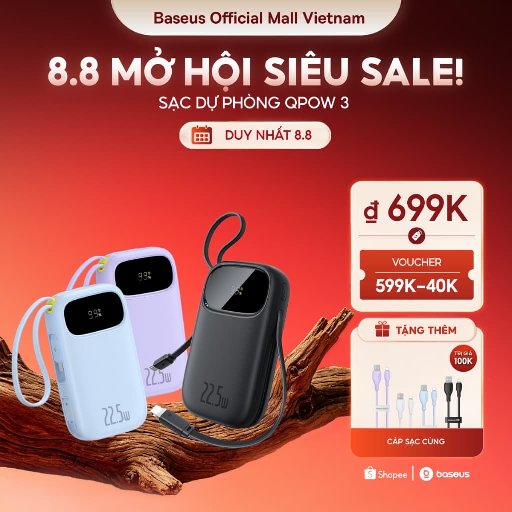 [CCC-MỚI VỀ] Sạc dự phòng Baseus Qpow3 & Qpow Pro+  20000mAh/10000mAh PD22.5W Màn Số LED Cáp Kép Sạc Nhanh 2 Thiết Bị