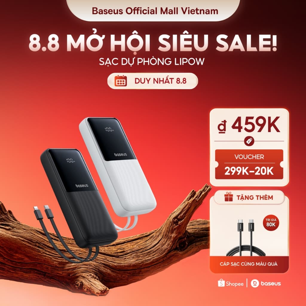 Sạc dự phòng Lipow 10000mAh & 20000mAh 22.5W/15W sạc nhanh tích hợp cáp tiện dụng