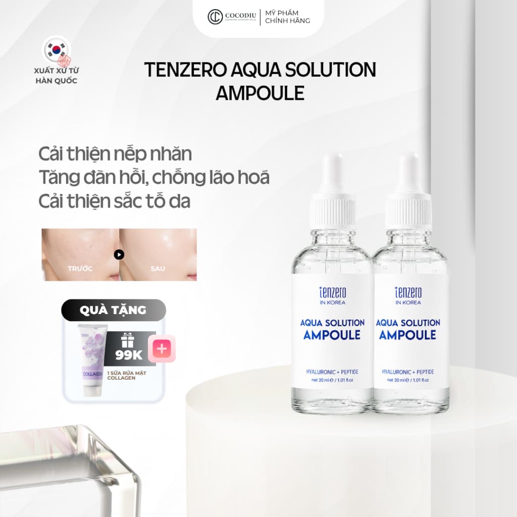 Tinh Chất Phục Hồi Da Cấp Ẩm HA & Peptide Tenzero Aqua Solution Ampoule 30ml | Cấp Ẩm Sâu, Phục Hồi Da, Tăng Đàn Hồi