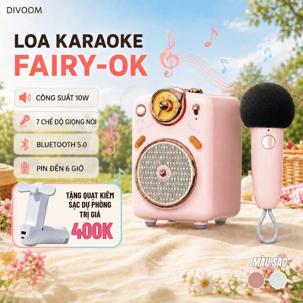 Loa Bluetooth Karaoke Divoom Fairy-Ok công suất 10W kèm mic không dây, chất âm chân thực và sống động - BH 12 tháng