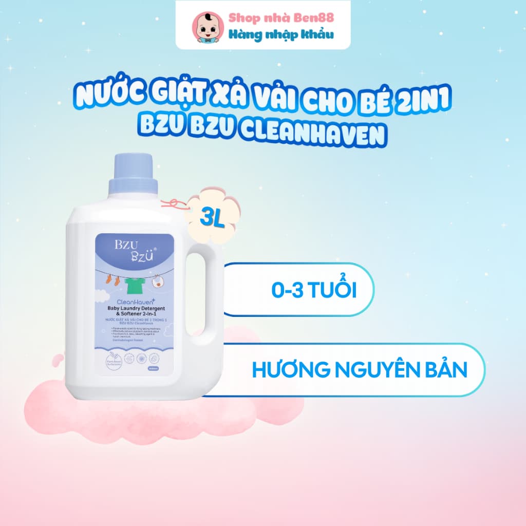 Nước Giặt Xả Vải Cho Bé 2 Trong 1 BZU BZU CleanHaven 3000ml
