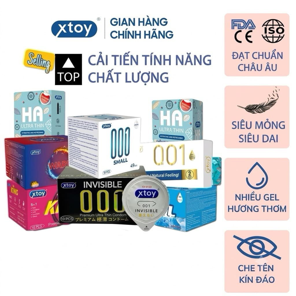 Bao cao su xtoy siêu mỏng, kéo dài thời gian, nhiều gel bôi trơn - Hộp 10 bcs