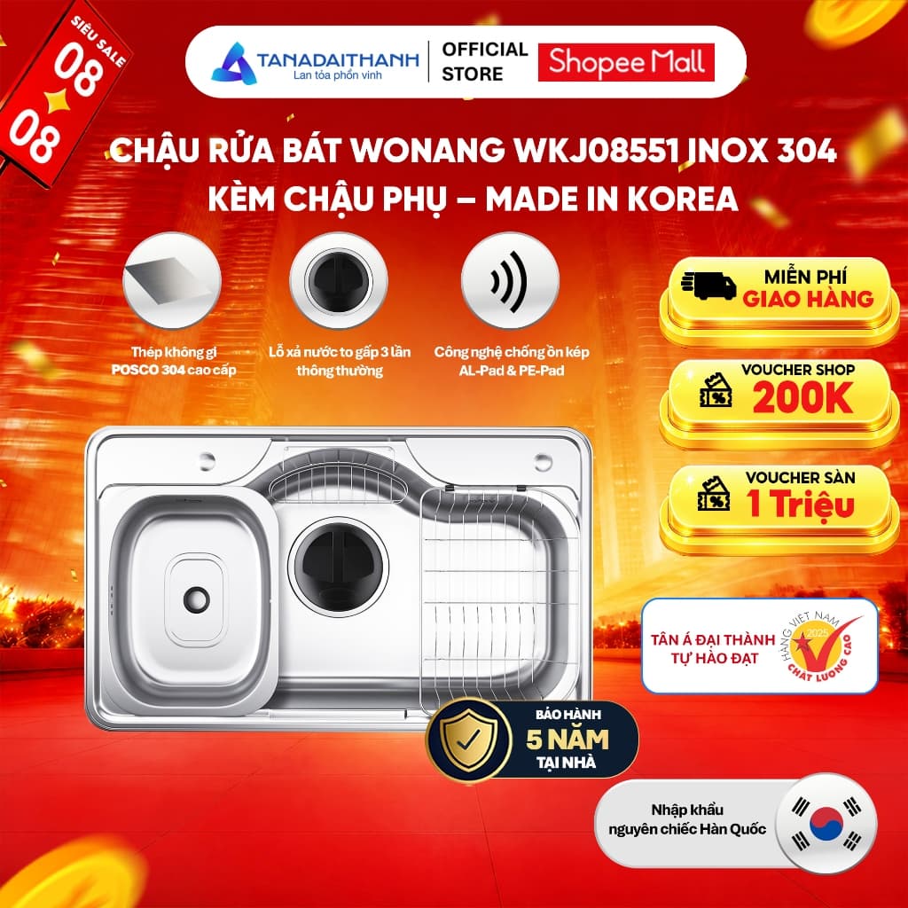 Chậu Rửa Bát Wonang WKJ08551 Inox 304 Nhập Khẩu Hàn Quốc Chính Hãng Bảo Hành 5 Năm