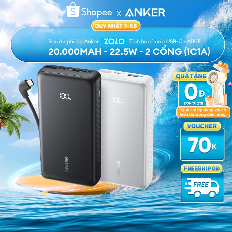 Sạc dự phòng Anker Zolo 10kmAh/20kmAh 22.5W | Tích hợp cáp USB-C | 2 Cổng 1C1A | Sạc 3 thiết bị - A110D/E