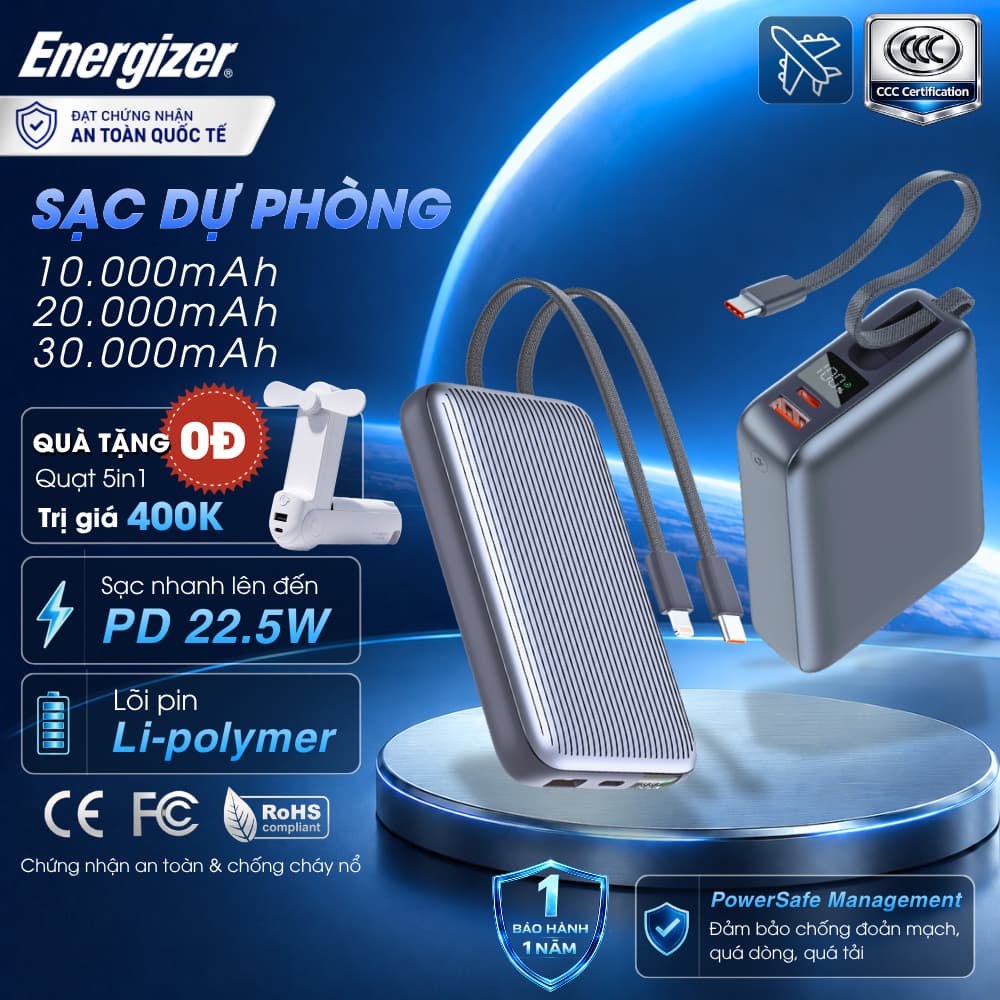 [Chứng Nhận CCC] Sạc Dự Phòng Energizer 10000mah/ 20000mah/ 30000mAh - 22.5W, Sạc nhanh PD, Chính Hãng, Bảo Hành 1 Năm