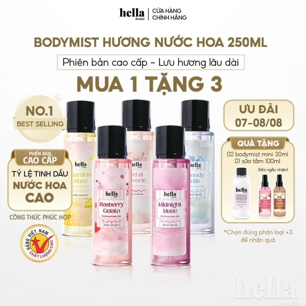 Xịt thơm body mist hương nước hoa cao cấp Hella Beauty 250ml lưu hương lâu hơn không nồng gắt bết dính trên da