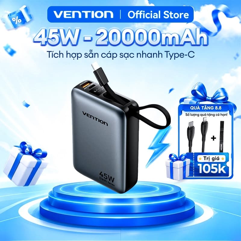 Sạc Dự Phòng 20000mAh 45W Vention PD3.0 Tốc Độ Cao,Thiết Kế Nhỏ Gọn, Tích Hợp Dây Type-C, Cho Điện Thoại,Tai Nghe,Tablet