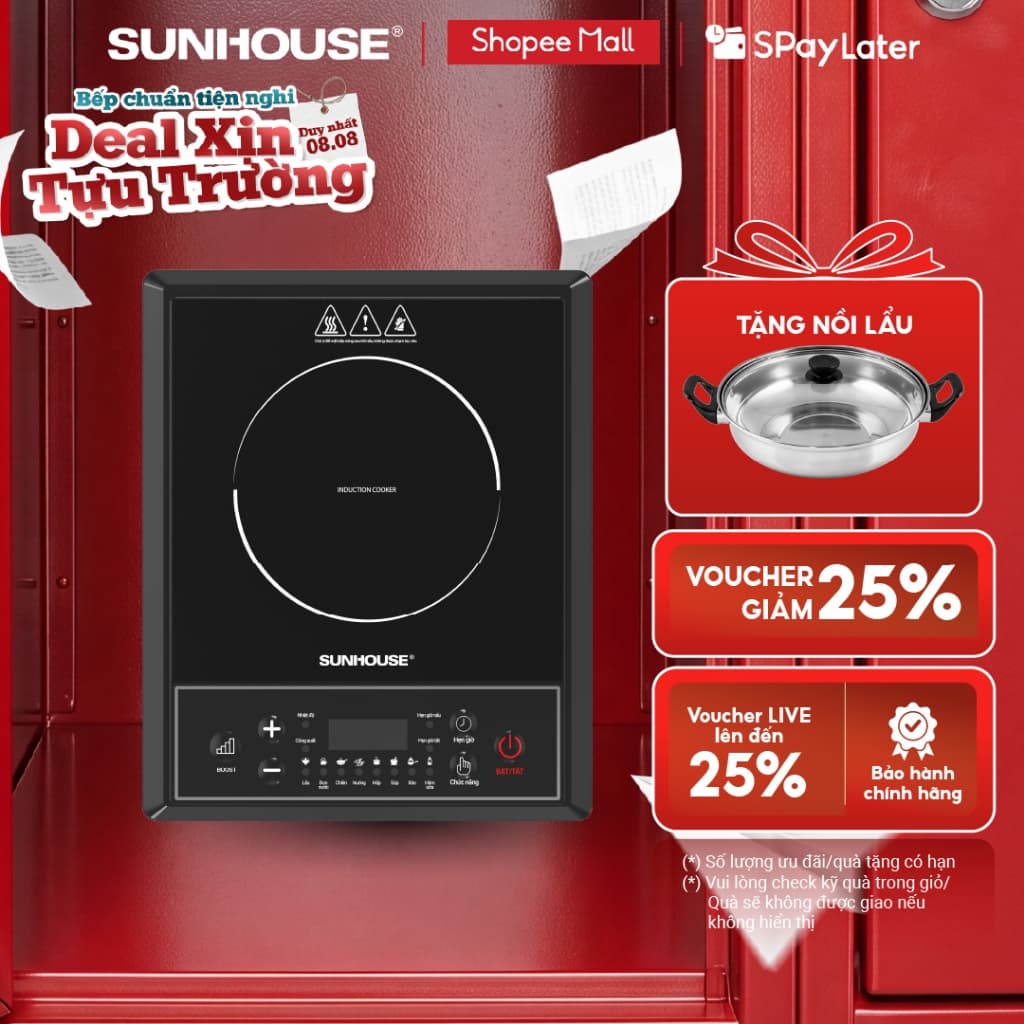 Bếp từ đơn Sunhouse SHD6154 - Công suất 2000W - 8 chế độ nấu - 10 mức nhiệt - Chế độ hẹn giờ - Bảo hành 12 tháng