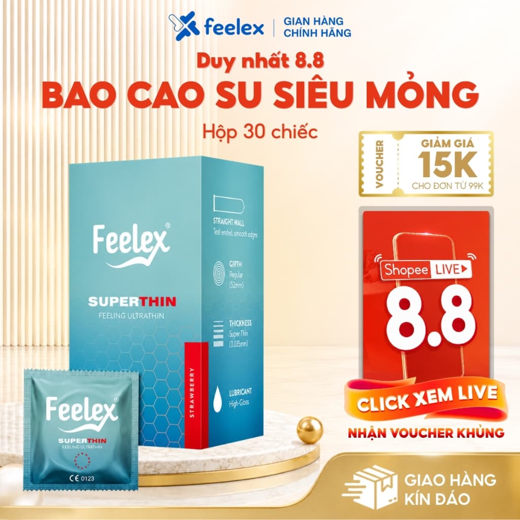 Bao cao su siêu mỏng Hộp 30 chiếc Feelex Superthin ôm sát nhiều gel tăng khoái cảm đa dạng mùi hương