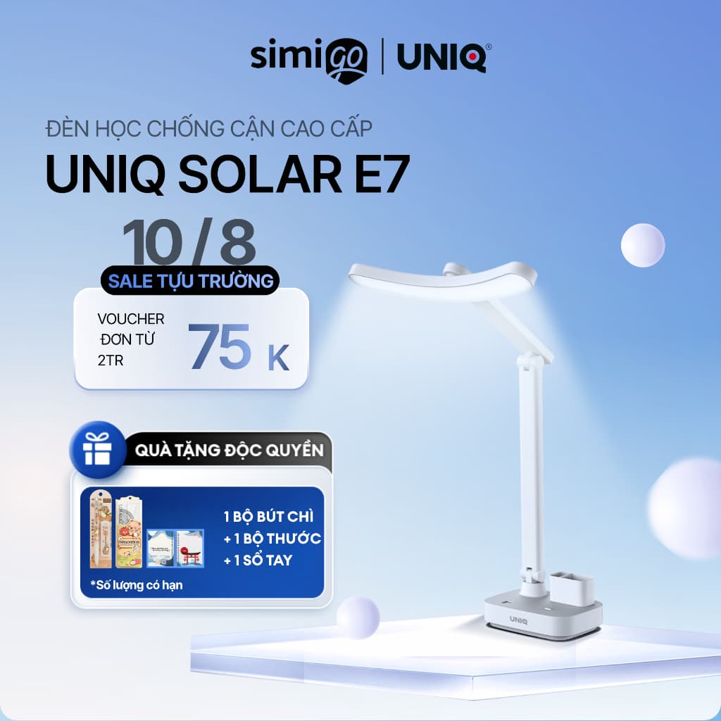 Đèn học để bàn chống cận thị UNIQ Solar E7 đèn học tích điện bàn làm việc đọc sách LED bảo vệ mắt cho bé sạc pin