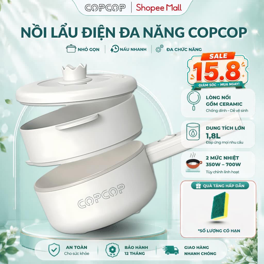 Nồi lẩu điện đa năng COPCOP nồi lẩu dung tích 1.8L tặng kèm khay hấp tiện lợi bảo hành 12 tháng