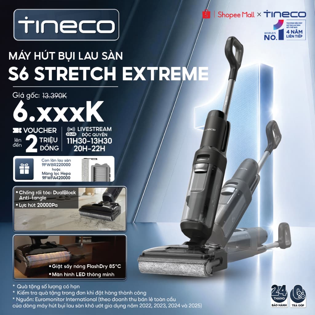 Tineco Floor One S6 Stretch Extreme Máy hút bụi lau sàn khô ướt - Giặt sấy nóng 85°C - Lực hút 20.000Pa - Pin 6*4000mAh