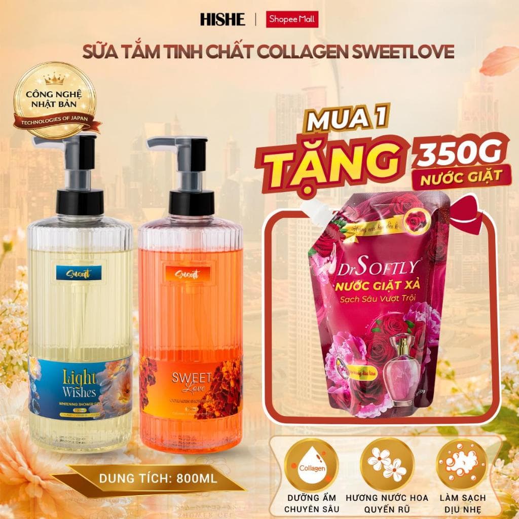 [ Tặng 350G Nước Giặt] Sữa tắm Nước hoa Susoft 800ML hương SweetLove, Dubai dưỡng da ẩm mịn, lưu hương lâu 8H
