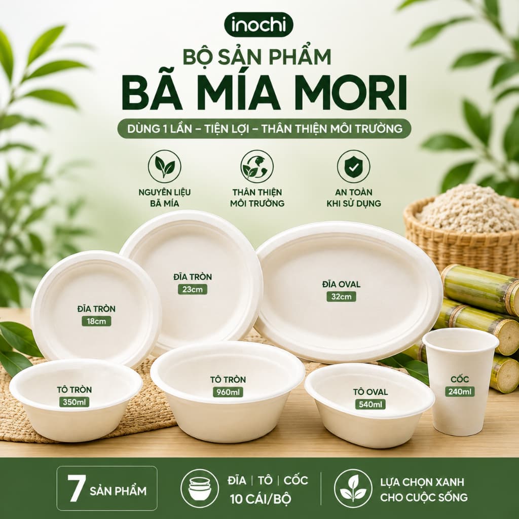 Set 10 Tô Đĩa Cốc Bã Mía Mori Inochi - Cốc 240ml, Tô 350/540/960ml, Đĩa 18/23/32cm - Tiện Lợi