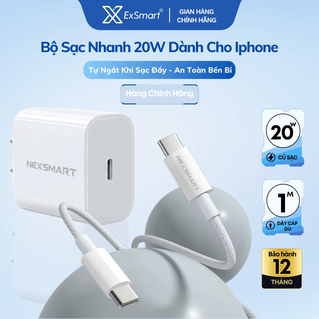 Củ Sạc Nhanh 20W Type C Exsmart Kèm Dây Bọc Dù Tự Ngắt Khi Sạc Đầy Chống Gãy Gập An Toàn Sạc Qua Đêm BH 12T