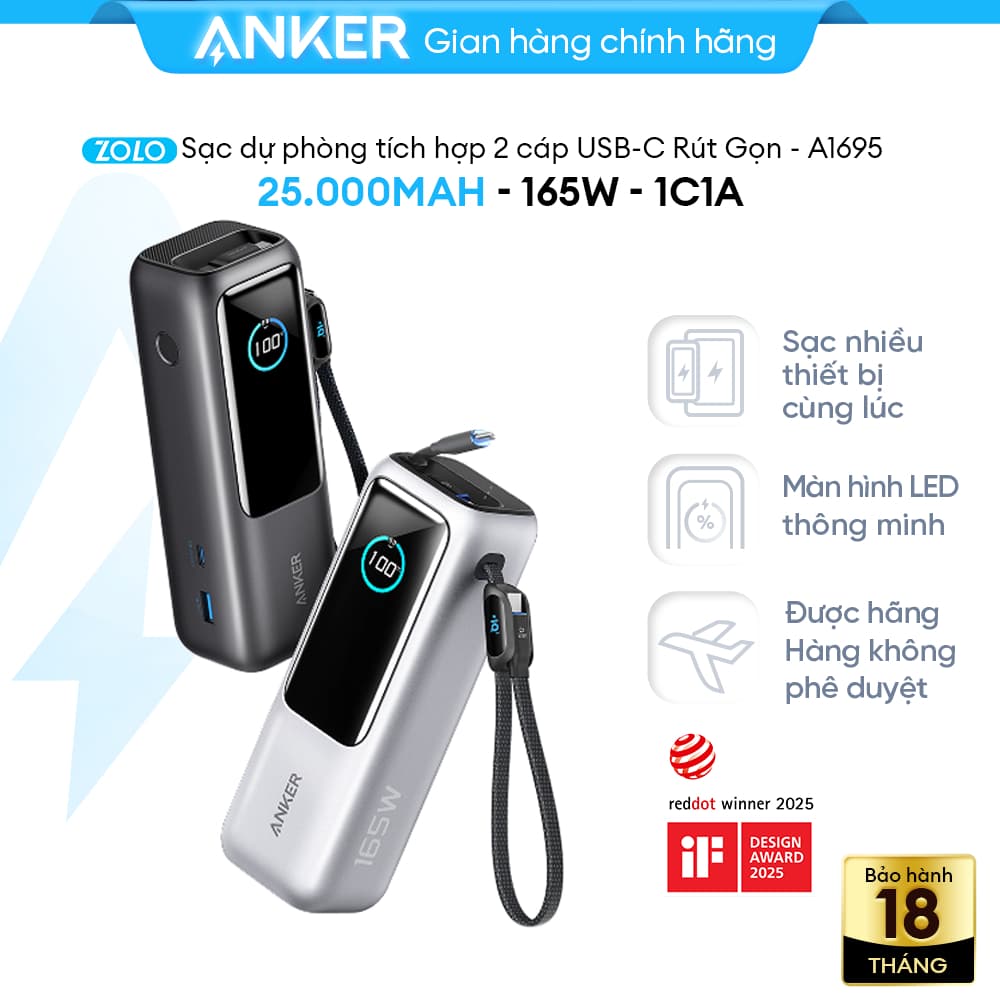 Sạc dự phòng ANKER Zolo 25kmAh | Công suất 165W | Tích hợp 2 cáp USB-C rút gọn | Có màn hình - A1695